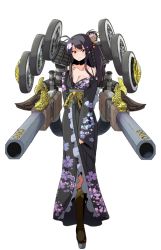 Rule 34 | 1girl, bare shoulders, black hair, boots, breasts, cannon, cleavage, full body, hair bun, hair ornament, hand on own chest, japanese clothes, kimono, large breasts, nijou (oshiro project), official art, oshiro project:re, oshiro project:re, platform boots, platform footwear, ponytail, red eyes, shachihoko, side ponytail, single hair bun, smile, solo, sw, transparent background