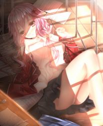 Rule 34 | 10s, 1girl, bag, breasts, buttons, classroom, eraser, floor, guilty crown, hair ornament, hairclip, hand on own chest, highres, jacket, long hair, long legs, looking at viewer, lying, midriff, on back, open clothes, open jacket, open mouth, open shirt, panties, pantyshot, paper, pencil, pink hair, pleated skirt, red eyes, red jacket, school, school bag, sheet music, shirt, skirt, small breasts, solo, sunlight, swordsouls, table, twintails, underwear, upskirt, white shirt, window shadow, yuzuriha inori