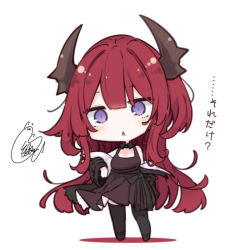 Rule 34 | 1girl, :&lt;, arknights, bare shoulders, beni shake, black dress, black footwear, black jacket, black thighhighs, chibi, colored shadow, commentary request, curled horns, dress, full body, hair between eyes, horns, jacket, long sleeves, off shoulder, open clothes, open jacket, parted lips, purple eyes, red hair, shadow, shoes, signature, sleeveless, sleeveless dress, solo, standing, surtr (arknights), thighhighs, translation request, triangle mouth