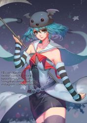Rule 34 | 1girl, animal hat, arm at side, arm warmers, artist name, bare shoulders, bat wings, belt, black skirt, black thighhighs, blue eyes, blue hair, bow, bowtie, closed mouth, coat, collarbone, colored stripes, cowboy shot, gradient hair, hair between eyes, hand up, hat, holding, holding weapon, looking at viewer, matching hair/eyes, multicolored hair, original, pencil skirt, pink lips, polearm, purple hair, purple thighhighs, red bow, red bowtie, sailor collar, scythe, short hair, skirt, smile, solo, songjikyo, standing, star (symbol), starry background, striped, thighhighs, watermark, weapon, web address, white coat, winged hat, wings, zettai ryouiki