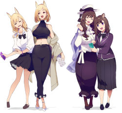 Rule 34 | 4girls, :d, = =, ^ ^, animal ears, black bow, black footwear, black neckwear, black pants, black shirt, black skirt, blonde hair, blunt bangs, bow, bowtie, brown footwear, brown hair, cellphone, closed eyes, commentary request, copyright request, crop top, crossed legs, earrings, fox ears, fox girl (mikoto akemi), full body, hand on another&#039;s shoulder, hat, jewelry, lipstick, long hair, long skirt, long sleeves, makeup, midriff, mikoto akemi, mother and daughter, multiple girls, navel, open mouth, original, pants, phone, pleated skirt, purple eyes, raccoon girl (mikoto akemi), rectangular mouth, red eyes, red lips, shirt, shoes, short hair, simple background, single bare shoulder, skirt, smartphone, smile, sweatdrop, watson cross, white background, white footwear, white shirt
