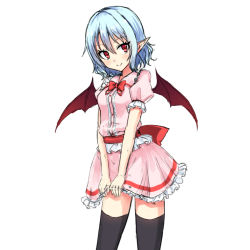 Rule 34 | 1girl, bat wings, black thighhighs, blue eyes, bow, bowtie, buttons, collar, cowboy shot, dress, eyebrows, frills, hair between eyes, junior27016, looking at viewer, no headwear, own hands together, pink dress, pointy ears, puffy short sleeves, puffy sleeves, red bow, red bowtie, red eyes, remilia scarlet, sash, short hair, short sleeves, simple background, solo, standing, thighhighs, touhou, v arms, vampire, white background, wings, zettai ryouiki