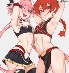 Rule 34 | 2boys, alexander (fate), armpits, arms up, astolfo (fate), black legwear, braid, braided ponytail, breath, bulge, covered erect nipples, covered penis, crop top, crossdressing, fate/grand order, fate (series), hair between eyes, jtveemo, licking lips, looking at viewer, male focus, miniskirt, multicolored hair, multiple boys, navel, pelvic curtain, pink hair, presenting armpit, purple eyes, red eyes, red hair, single braid, skirt, smile, spread armpit, stomach, streaked hair, thighhighs, toned, tongue, tongue out, trap, zettai ryouiki
