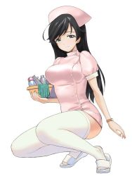 Rule 34 | 10s, 1girl, a1 (initial-g), ahoge, alternate costume, black hair, blue eyes, bottle, breasts, bucket, closed mouth, dress, full body, girls und panzer, gloves, green gloves, hat, holding, isuzu hana, jpeg artifacts, large breasts, latex, latex gloves, long hair, nurse, nurse cap, parted bangs, pink dress, pink hat, puffy short sleeves, puffy sleeves, sandals, short sleeves, simple background, smile, solo, squatting, swept bangs, thighhighs, unworn gloves, very long hair, watch, white background, white thighhighs, wristwatch