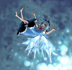 Rule 34 | 1girl, aiu, bad id, bad pixiv id, barefoot, blue eyes, blue hair, cirno, dress, falling, female focus, matching hair/eyes, ribbon, short hair, solo, string, string of fate, tears, embodiment of scarlet devil, touhou, wings