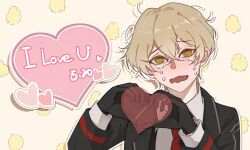 Rule 34 | 1boy, @ @, bishounen, black gloves, black suit, blonde hair, coconut 2611, dated, english text, formal, gloves, heart, heart hands, highres, limbus company, male focus, necktie, open mouth, project moon, red necktie, short hair, sinclair (project moon), solo, suit, tearing up, upper body, yellow eyes