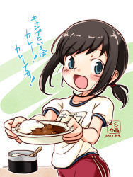 Rule 34 | 1girl, alternate costume, black hair, blue eyes, breasts, commentary request, cowboy shot, curry, curry rice, food, fubuki (kancolle), gym shirt, gym shorts, gym uniform, kantai collection, kutone shirika, looking at viewer, low ponytail, medium breasts, name tag, one-hour drawing challenge, ponytail, red shorts, rice, shirt, short ponytail, shorts, sidelocks, smile, solo, t-shirt, translation request, white shirt