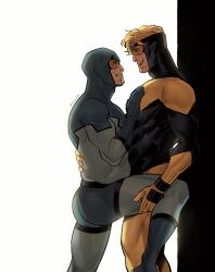 Rule 34 | 2boys, ass, bara, black bodysuit, blonde hair, blue beetle, blue bodysuit, bodysuit, booster gold, couple, dc comics, highres, holding another&#039;s leg, large pectorals, leg up, looking at another, male focus, melonnabar, multiple boys, muscular, muscular male, pectorals, short hair, smile, thick thighs, thighs, twitter username, two-tone bodysuit, yaoi, yellow bodysuit