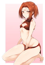 Rule 34 | 1girl, bad id, bad tumblr id, bare legs, bare shoulders, barefoot, between legs, black bra, blush, bra, breasts, commentary request, facial mark, fate/grand order, fate (series), forehead mark, frown, gradient background, hand between legs, highres, hometa, kneeling, long hair, md5 mismatch, navel, nezha (fate), pink background, pout, red eyes, red hair, short hair, small breasts, solo, twintails, underwear