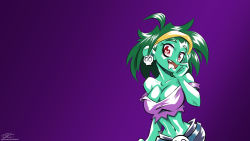 Rule 34 | 1girl, bare shoulders, breasts, cleavage, colored skin, crop top, earrings, eric toner, green hair, green skin, hairband, hand on own face, heart, heart-shaped pupils, highres, jewelry, large breasts, midriff, navel, off shoulder, purple background, red eyes, rottytops, shantae (series), short hair, skull earrings, narrow waist, solo, strap slip, symbol-shaped pupils, tongue, tongue out, wallpaper, zombie