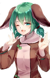 Rule 34 | 1girl, ;3, ;d, alternate hairstyle, animal ears, aqua eyes, blush, breasts, brown dress, commentary request, dress, green hair, hair between eyes, hands up, highres, kasodani kyouko, long sleeves, looking at viewer, low ponytail, oborofu, one eye closed, open mouth, short hair, simple background, small breasts, smile, solo, touhou, upper body, white background