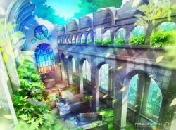 Rule 34 | 1boy, 1girl, blue hair, brown hair, church, espiral bonita, goggles, goggles on head, highres, long hair, looking at another, overgrown, pew, pixiv fantasia, pixiv fantasia t, pointing, ruins, scenery, short hair, twintails