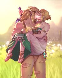 Rule 34 | 1boy, 1girl, asma, bare shoulders, blonde hair, braid, breasts, brown hair, carrying, carrying person, closed eyes, day, earrings, elf, grass, hetero, highres, jewelry, kiss, link, medium breasts, mountain, nintendo, pointy ears, princess carry, princess zelda, sandals, sidelocks, skirt, small breasts, standing, sunset, sword, the legend of zelda, the legend of zelda: tears of the kingdom, tiara, weapon