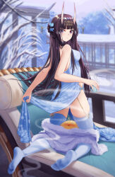 Rule 34 | absurdres, azur lane, blue dress, blue thighhighs, cang se ye hua, chair, china dress, chinese clothes, clothes lift, clothing cutout, dress, dress lift, from behind, fur shawl, hair ornament, hairpin, highres, horns, kneeling, light blue dress, long hair, looking at viewer, lounge chair, manjuu (azur lane), no shoes, noshiro (azur lane), noshiro (fragrance of the eastern snow) (azur lane), official alternate costume, oni horns, shawl, side cutout, sleeveless, sleeveless dress, snow on tree, snowflake print, soles, thighhighs, winter