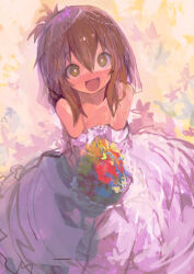 Rule 34 | 1girl, absurdres, bouquet, brown eyes, brown hair, commentary, dress, flower, folded ponytail, hair between eyes, highres, holding, holding bouquet, inazuma (kancolle), kaamin (mariarose753), kantai collection, long hair, looking at viewer, open mouth, sidelocks, smile, solo, wedding dress, white dress