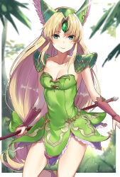Rule 34 | 1girl, armor, blonde hair, blue eyes, blurry, blurry background, breasts, bridal gauntlets, cleavage, closed mouth, collarbone, commentary request, day, depth of field, dress, feet out of frame, forehead jewel, frilled dress, frills, gem, green dress, green gemstone, green headwear, haru (nakajou-28), helmet, highres, light rays, long hair, looking at viewer, low-tied long hair, low ponytail, medium breasts, outdoors, parted bangs, riesz, seiken densetsu, seiken densetsu 3, shoulder armor, sidelocks, smile, solo, standing, straight hair, strapless, strapless dress, sunbeam, sunlight, tree, very long hair, winged helmet