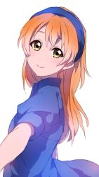 Rule 34 | 10s, 1girl, alternate hair length, alternate hairstyle, blue dress, blue hairband, blush, closed mouth, dot nose, dress, from side, green eyes, hairband, hoshizora rin, long hair, looking at viewer, love live!, love live! school idol project, orange hair, puffy short sleeves, puffy sleeves, sekina, short sleeves, simple background, smile, solo, upper body, white background