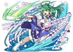 Rule 34 | 1girl, boots, danmaku, detached sleeves, frog hair ornament, full body, gohei, green eyes, green hair, hair ornament, hair tubes, japanese clothes, kochiya sanae, kozakura (dictionary), long hair, long sleeves, looking away, matching hair/eyes, md5 mismatch, midriff, miko, navel, oonusa, open mouth, outstretched arm, parody, puzzle &amp; dragons, resized, sarashi, shirt, skirt, snake hair ornament, solo, star (symbol), touhou, white background, wide sleeves