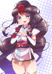 Rule 34 | :d, blue eyes, blush, brown hair, cowboy shot, detached sleeves, halftone, halftone background, hand on own chest, head tilt, highres, japanese clothes, kannonji (oshiro project), long hair, open mouth, oshiro project:re, outline, own hands together, shaneru, shiro project, signature, smile, solo, very long hair