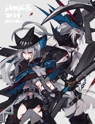 Rule 34 | 1boy, 1girl, arknights, black gloves, black headwear, blood, blood on clothes, blood on face, clothing cutout, commentary request, eee028, gloves, grey background, grey hair, hat, highres, holding, holding sword, holding weapon, long hair, mask, mouth mask, red eyes, simple background, skadi (arknights), sword, thigh cutout, twitter username, ulpianus (arknights), weapon
