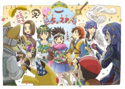 Rule 34 | armor, black hair, blue eyes, blue hair, brown eyes, brown hair, cake, cape, chrom (fire emblem), circlet, clothed pokemon, creatures (company), crown, dated, dragon quest, dragon quest iii, dragon quest iv, dragon quest viii, dragon quest xi, elbow gloves, english text, falchion (fire emblem), fingerless gloves, fire emblem, fire emblem awakening, food, fox, fox mccloud, furry, furry male, game freak, gen 1 pokemon, gloves, hat, hero (dq11), hero (dq4), hero (dq8), kirby, kirby (series), long hair, lucina (fire emblem), mother (game), mother 2, mr. game &amp; watch, multiple boys, ness (mother 2), nintendo, open mouth, party hat, pikachu, pokemon, pokemon (creature), purple hair, roto (dq3), sayoyonsayoyo, shield, short hair, simple background, slime (dragon quest), smile, star fox, super smash bros., sword, tiara, weapon