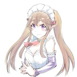Rule 34 | 1girl, blush, breasts, brown hair, cleavage, closed mouth, detached sleeves, long hair, looking at viewer, maid headdress, medium breasts, myucel foalan, outbreak company, pointy ears, purple eyes, simple background, smile, solo, twintails, ueyama michirou, white background