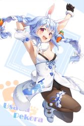 Rule 34 | 1girl, :d, animal ears, arm behind head, arm garter, arm up, armpits, bad id, bad pixiv id, bare shoulders, black gloves, blush, braid, breasts, brown pantyhose, carrot hair ornament, character name, cleavage, don-chan (usada pekora), food-themed hair ornament, gloves, hair ornament, highres, hololive, ika (4801055), looking at viewer, medium breasts, open mouth, pantyhose, rabbit ears, rabbit girl, rabbit tail, red eyes, shoes, smile, solo, tail, teeth, twin braids, upper teeth only, usada pekora, usada pekora (1st costume), virtual youtuber, white footwear