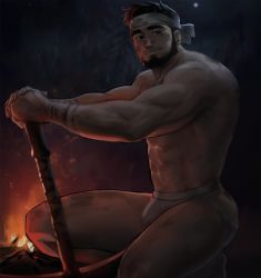 Rule 34 | 1boy, abs, ass, bara, beard, black hair, bulge, dirty, dirty face, dopey (dopq), facial hair, fire, highres, jockstrap, large pectorals, male focus, male underwear, muscular, muscular male, original, paid reward available, pectorals, pickaxe, short hair, smile, solo, squatting, thick thighs, thighs, underwear, underwear only