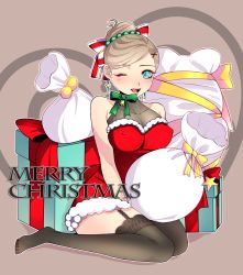 Rule 34 | alternate costume, alternate hairstyle, aqua eyes, bag, bell, blonde hair, blush, breasts, christmas, cleavage, collar, covered erect nipples, dress, earrings, garter straps, gift, hair bun, hair up, halterneck, jewelry, large breasts, looking at viewer, merry christmas, nail polish, namomaru, neck bell, off-shoulder dress, off shoulder, one eye closed, persona, persona 5, ribbon, santa costume, santa dress, see-through, simple background, single hair bun, sitting, smile, solo, star (symbol), star earrings, takamaki anne, thighhighs, wariza, youtube, zettai ryouiki