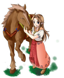 Rule 34 | blue eyes, boots, bowser, brown hair, dress, epona (legend of zelda), highres, horse, long hair, malon, nintendo, pointy ears, simple background, smile, the legend of zelda, the legend of zelda: ocarina of time, youko (pixiv25465373)