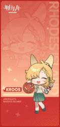 Rule 34 | 1girl, :d, ^ ^, absurdres, animal ears, arknights, artist request, blonde hair, blush stickers, braid, braided bangs, brown shirt, character name, chibi, closed eyes, copyright name, facing viewer, green footwear, green ribbon, green skirt, hair ribbon, highres, holding, holding scissors, kroos (arknights), long sleeves, open mouth, rabbit ears, ribbon, scissors, shirt, shoes, skirt, smile, socks, solo, standing, standing on one leg, teeth, upper teeth only, white socks, wide sleeves, zoom layer