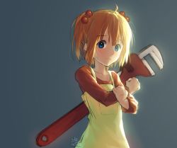 Rule 34 | 1girl, ahoge, apron, blue background, blue eyes, blush, clenched hand, flat chest, hair bobbles, hair ornament, holding own arm, light smile, long sleeves, looking at viewer, mechanic (terraria), opticalcore, orange hair, oversized object, shirt, short hair, short twintails, signature, simple background, sketch, smile, solo, standing, sunlight, terraria, twintails, upper body, wrench