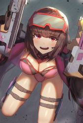 Rule 34 | 1girl, bikini, blush, breasts, brown hair, cleavage, collarbone, dolce (dolsuke), fate/grand order, fate (series), goggles, goggles on head, gun, highres, jacket, large breasts, long hair, looking at viewer, open mouth, osakabehime (fate), osakabehime (swimsuit archer) (fate), osakabehime (swimsuit archer) (second ascension) (fate), pink bikini, pink jacket, purple eyes, ski goggles, smile, solo, swimsuit, thigh strap, thighs, twintails, very long hair, weapon