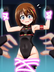 Rule 34 | 1girl, 1other, black gloves, black leotard, blue eyes, blurry, breasts, brown hair, commentary request, cosplay, covered navel, cowboy shot, depth of field, fate testarossa, fate testarossa (cosplay), fate testarossa (movie 1st form), fingerless gloves, gloves, hair ornament, highleg, highleg leotard, leotard, looking at viewer, lyrical nanoha, mahou shoujo lyrical nanoha, mahou shoujo lyrical nanoha a&#039;s, mahou shoujo lyrical nanoha strikers, restrained, scared, short hair, small breasts, solo focus, thighhighs, x hair ornament, yaeba, yagami hayate