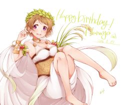 Rule 34 | 10s, 1girl, :d, armband, artist name, bare shoulders, barefoot, bracelet, breasts, brown hair, cape, character name, cleavage, collarbone, dated, dress, feet, food, happy birthday, hatagaya, jewelry, koizumi hanayo, laurel wreath, legs, love live!, love live! school idol festival, love live! school idol project, medium breasts, olive wreath, onigiri, open mouth, purple eyes, rice, see-through, short hair, signature, simple background, smile, solo, white background