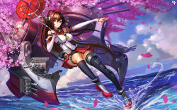 Rule 34 | 10s, 1girl, bad id, breasts, brown eyes, brown hair, cherry blossoms, detached sleeves, flower, hair flower, hair intakes, hair ornament, headgear, historical name connection, kantai collection, large breasts, liang xing, long hair, looking at viewer, mecha musume, miniskirt, name connection, oil-paper umbrella, ponytail, shell, single thighhigh, skirt, solo, thighhighs, thighs, turret, umbrella, very long hair, water, yamato (battleship), yamato (kancolle), z flag