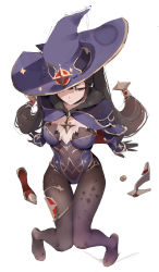 Rule 34 | 1girl, aqua eyes, black gloves, black hair, black leotard, black pantyhose, breasts, cape, closed mouth, coin, detached sleeves, from above, fur trim, genshin impact, gloves, hair ornament, hat, highres, johndoe johnson, leotard, long hair, medium breasts, mona (genshin impact), pantyhose, purple hat, purple leotard, shoes, simple background, solo, twintails, unworn shoes, white background, witch hat