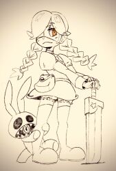 Rule 34 | 1girl, annie (skullgirls), belt pouch, bloomers, boots, braid, eyepatch, full body, highres, juliet sleeves, long sleeves, neko mata g, pouch, puffy sleeves, sagan (skullgirls), sepia, skirt, skullgirls, smile, solo, standing, sword, thigh boots, traditional media, twin braids, underwear, weapon, yellow eyes