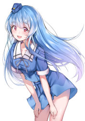 Rule 34 | 1girl, :d, blue dress, blue hair, cowboy shot, dress, floating hair, garrison cap, hands on own knees, hat, highres, leaning forward, long hair, looking at viewer, mini hat, open mouth, pink eyes, quincy (warship girls r), short dress, sidelocks, simple background, smile, solo, sunege (hp0715), tareme, teeth, thighs, warship girls r, white background