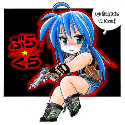 Rule 34 | :3, ahoge, black lagoon, blue hair, blush, boots, cosplay, crossover, english text, fingerless gloves, gloves, green eyes, gun, izumi konata, long hair, lucky star, mole, norio (459factory), pixiv sample, ponytail, resized, revy (black lagoon) (cosplay), shorts, smile, standing, standing on one leg, tattoo, translation request, weapon