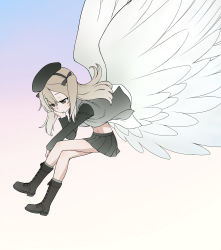 Rule 34 | 10s, 1girl, angel wings, beret, black footwear, black hat, black jacket, black ribbon, black skirt, boots, brown eyes, closed mouth, commentary request, cross-laced footwear, crossed legs, dress shirt, from side, full body, girls und panzer, grey socks, hair ribbon, hat, head rest, invisible chair, jacket, knee boots, light brown hair, light frown, long hair, long sleeves, military, military uniform, miniskirt, navel, open clothes, open jacket, open shirt, pleated skirt, ribbon, selection university military uniform, shimada arisu, shirt, side ponytail, sitting, skirt, socks, solo, uniform, wata do chinkuru, white shirt, wind, wings