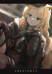 Rule 34 | 1girl, animal ears, arknights, beret, black hat, black jacket, black shirt, blurry, blurry background, commentary, copyright name, cowboy shot, drill hair, dutch angle, earpiece, green eyes, hand up, hat, highres, jacket, knee up, letterboxed, long sleeves, looking at viewer, melon syrup, open clothes, open jacket, orange hair, shirt, sitting, smile, solo, split mouth, swire (arknights), tiger ears, tiger girl