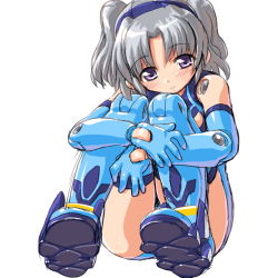 Rule 34 | 10s, 1girl, bad id, bad pixiv id, busou shinki, dd (ijigendd), doll joints, elbow gloves, gloves, hugging own legs, joints, purple eyes, raptias, short hair, silver hair, simple background, solo, thighhighs, twintails
