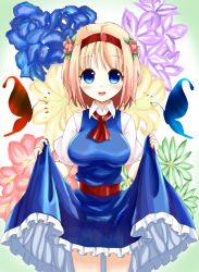 Rule 34 | 1girl, alice margatroid, bad id, bad pixiv id, blonde hair, blue eyes, bug, butterfly, capelet, dress, dress shirt, flower, hairband, highres, bug, open mouth, ribbon, shirt, short hair, short sleeves, smile, solo, touhou, yon (44jun)