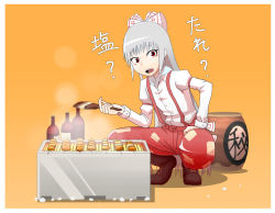 Rule 34 | 1girl, bad id, bad pixiv id, boots, bow, collared shirt, commentary request, food, framed, fujiwara no mokou, full body, fur trim, hair bow, hand on own thigh, kebab, long hair, looking at viewer, okahi, open mouth, orange background, pants, red eyes, red pants, sauce, shirt, simple background, smile, solo, squatting, suspenders, teeth, tongue, touhou, very long hair, yakitori