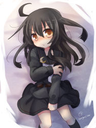 Rule 34 | 10s, 1girl, ahoge, black dress, black hair, blush, crescent, dress, head tilt, holding own arm, kantai collection, long hair, long sleeves, looking at viewer, lying, mikazuki (kancolle), nagasioo, nose blush, on back, signature, solo, water, yellow eyes