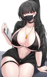 Rule 34 | 1girl, absurdres, alternate costume, bikini, black bikini, black hair, blue archive, blunt bangs, breasts, choker, clipboard, collarbone, hair ornament, hairclip, highres, holding, holding clipboard, huge breasts, jacket, kanta (kanta 077), long hair, looking at viewer, mask, mouth mask, navel, partially unzipped, ponytail, red eyes, rio (blue archive), sideboob, sitting, solo, stomach, swimsuit, thigh strap, thighs, track jacket, underboob, very long hair, watch, whistle, whistle around neck, wristwatch