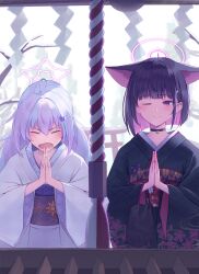 2girls absurdres ahoge animal_ears black_choker black_hair black_kimono blue_archive blush cat_ears cat_girl choker closed_mouth colored_inner_hair commentary_request extra_ears floral_print floral_print_kimono hair_ornament hairclip halo highres japanese_clothes kazusa_(blue_archive) kimono kouhaku_nawa long_hair multicolored_hair multiple_girls one_eye_closed open_mouth outdoors palms_together pink_eyes pink_hair pink_halo praying print_kimono purple_hair purple_sash red_sash reisa_(blue_archive) rope sash shimenawa short_hair shrine smile star_(symbol) star_hair_ornament twintails v-shaped_eyebrows white_kimono yata_mawari