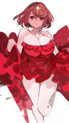 Rule 34 | 1girl, absurdres, breasts, cleavage, closed mouth, clothes grab, collarbone, dress, highres, large breasts, looking at viewer, medium hair, pyra (xenoblade), red dress, red eyes, red hair, simple background, smile, solo, tarbo (exxxpiation), unfinished, white background, xenoblade chronicles (series), xenoblade chronicles 2