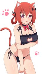 Rule 34 | 1girl, animal ears, bat hair ornament, black bra, black choker, black panties, bow, bowtie, bra, breasts, cat cutout, cat ear panties, cat ears, cat lingerie, cat tail, choker, cleavage cutout, clothing cutout, commentary request, fang, gabriel dropout, hair ornament, hair rings, highres, kemonomimi mode, large breasts, looking at viewer, meme attire, navel, nyaroon, open mouth, panties, pink eyes, red bow, red bowtie, red hair, red ribbon, ribbon, satanichia kurumizawa mcdowell, side-tie panties, simple background, solo, tail, underwear, underwear only, white background